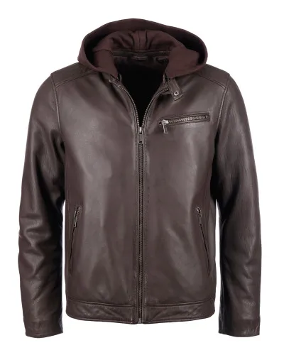 Куртка кожаная biker jacket with det. hood Коричневый