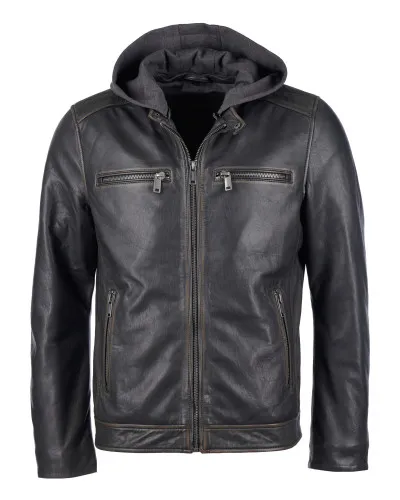 Куртка кожаная biker jacket with det. hood & back embossing Коричневый