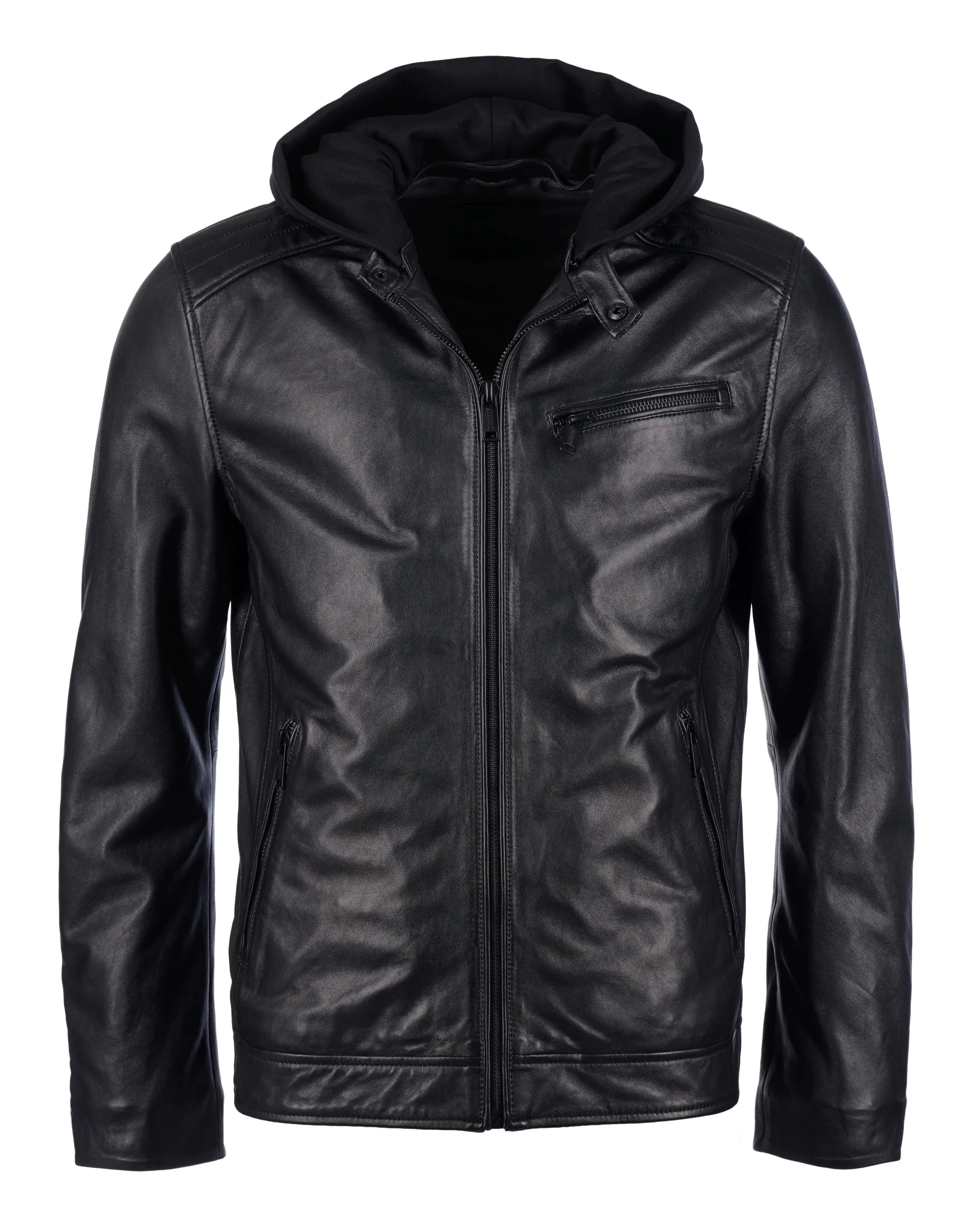 Куртка кожаная biker jacket with det. hood Чёрный