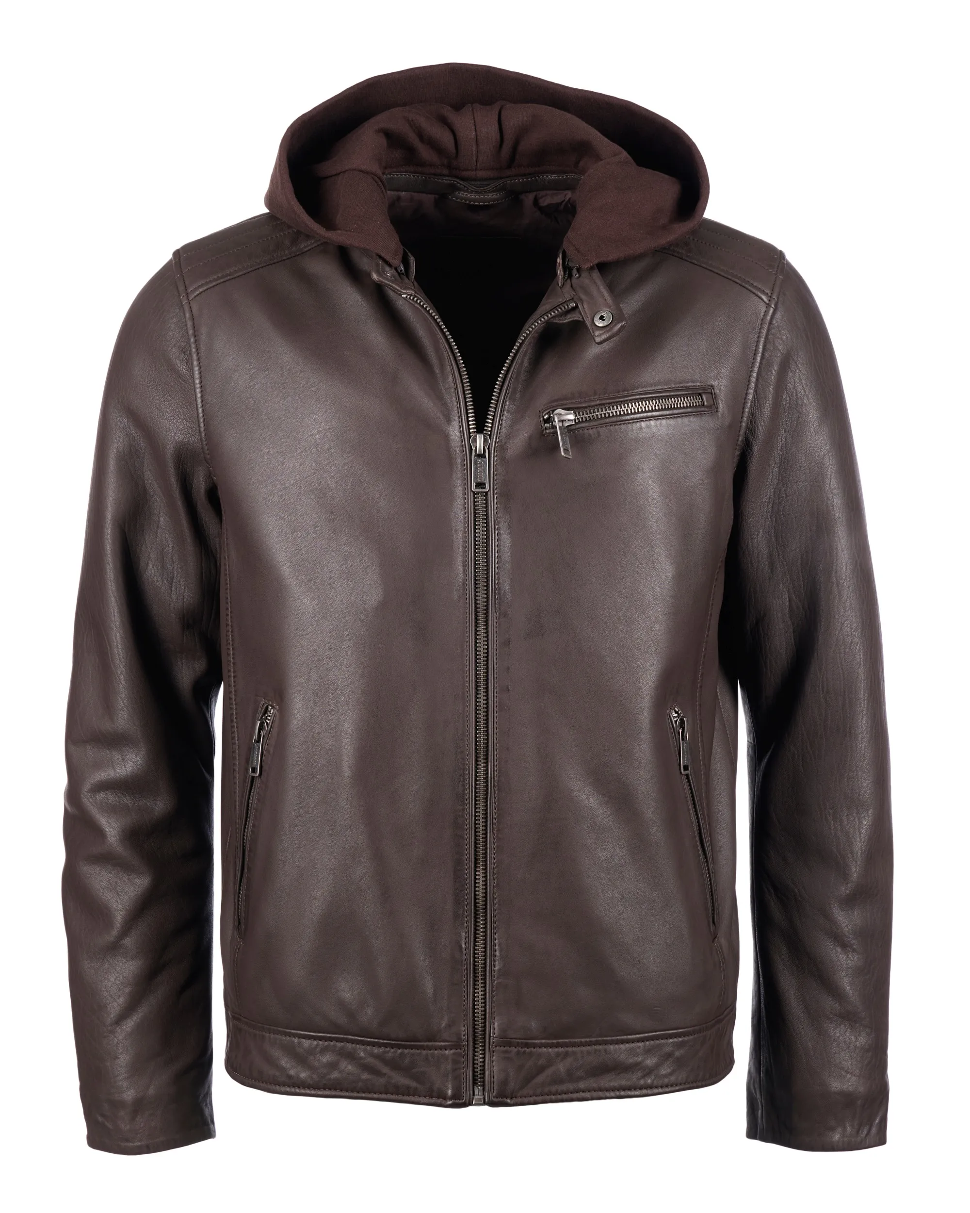 Куртка кожаная biker jacket with det. hood Коричневый