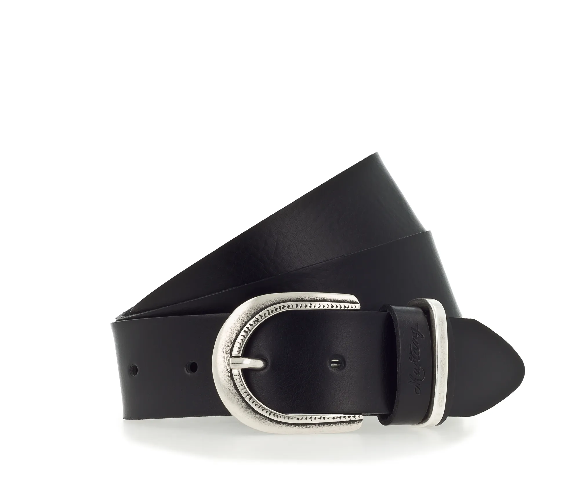 Ремень Leather belt in 35 mm with airbrushed edges, buckle and metal loop in polished silver Чёрный